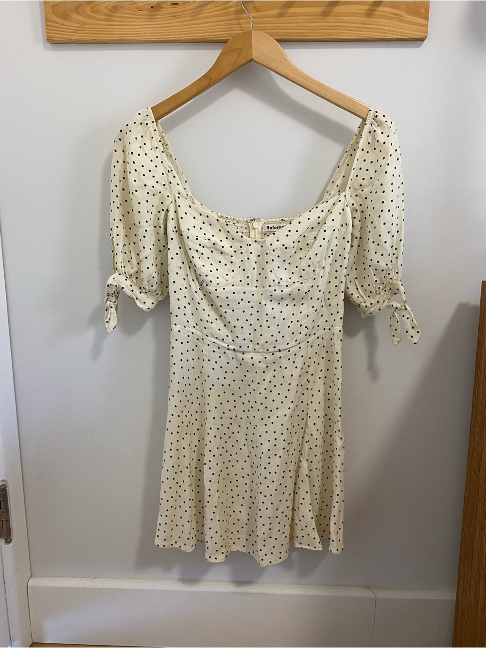 Reformation Cream Mini Dress with Black Polka Dots